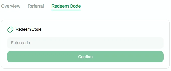 AllScale Rewards Redeem Code tab with an Enter code field and a Confirm button