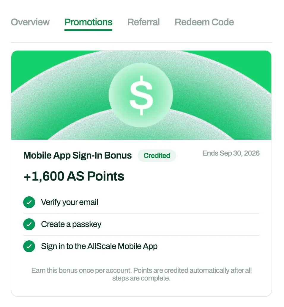 AllScale in-app Promotions card for the Mobile App Sign-In Bonus of 1,600 AS Points