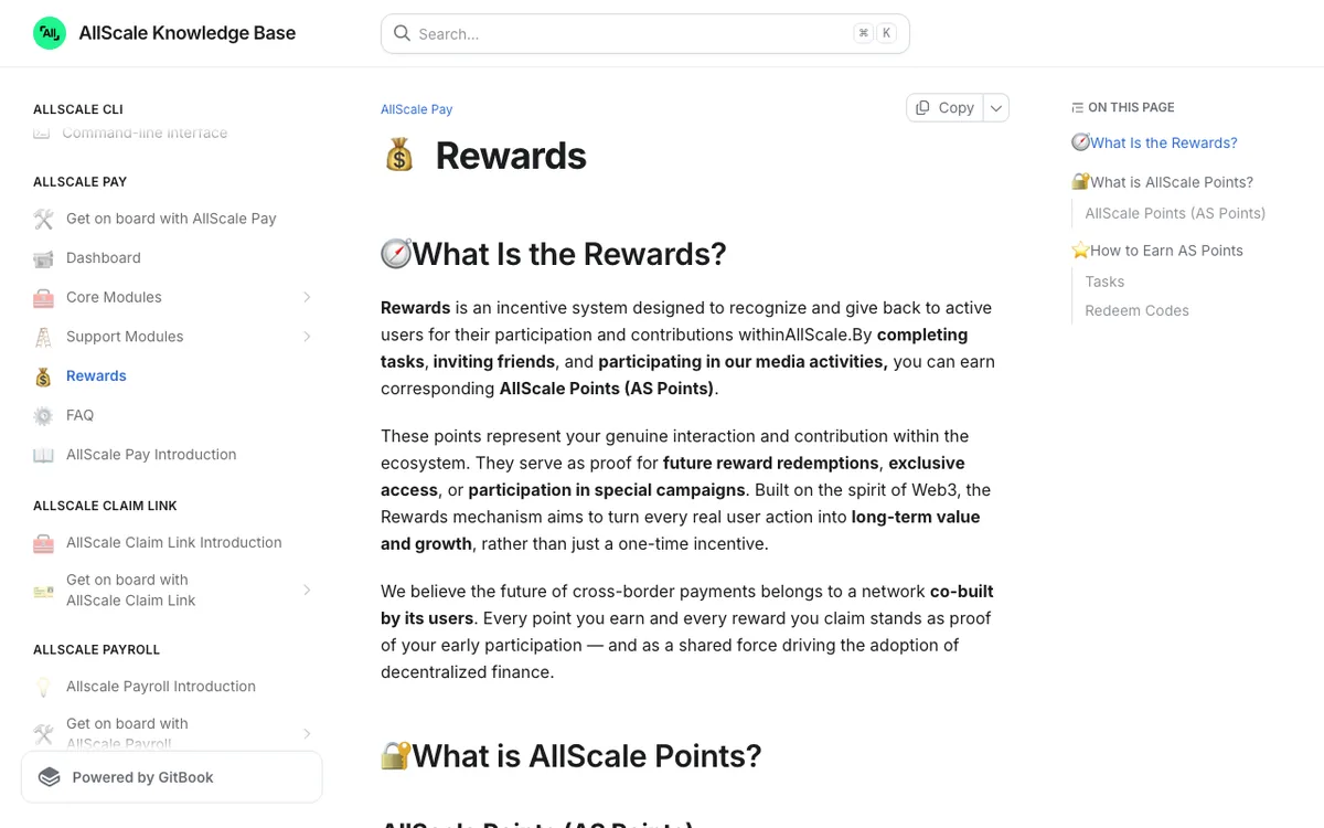 AllScale Knowledge Base page explaining the Rewards system and AllScale Points