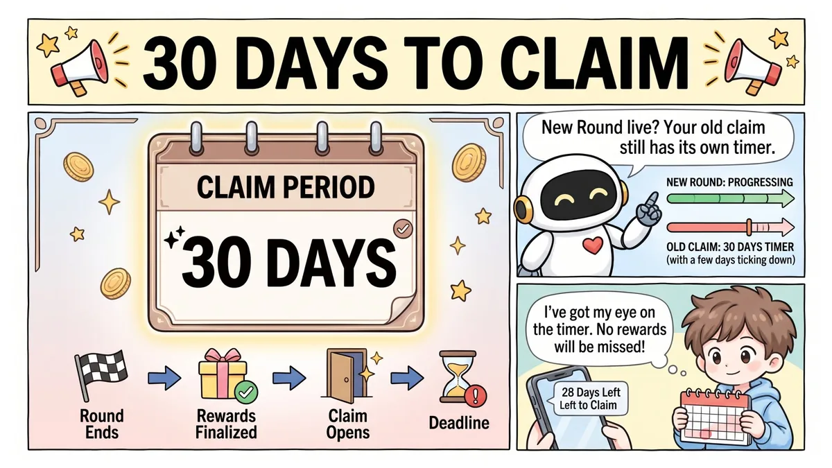 ALPHEA cartoon explaining the 30-day claim period: round ends, rewards finalized, claim opens, deadline