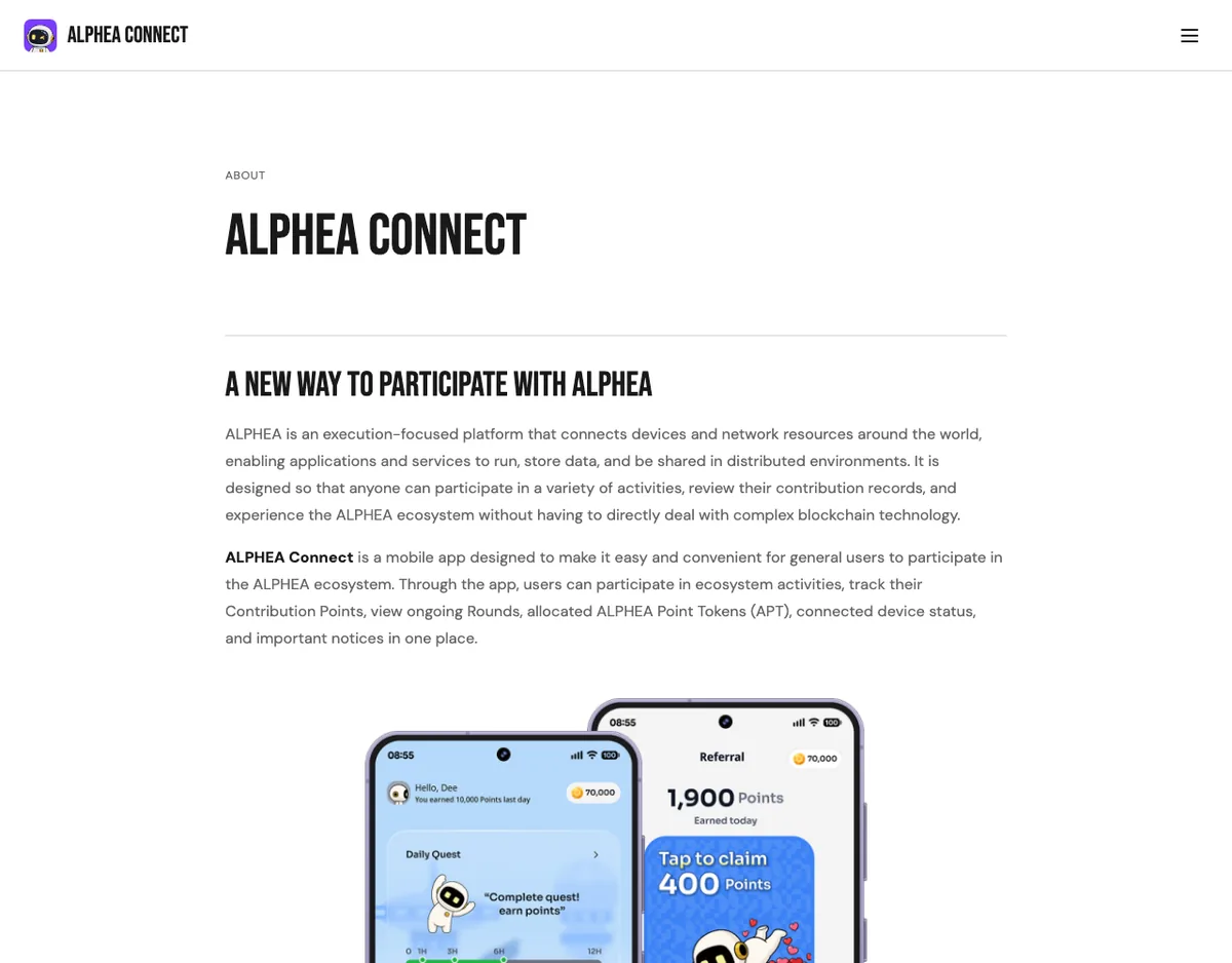 ALPHEA Connect page on alphea.ai explaining the app, with phone screens showing the daily quest and referral points