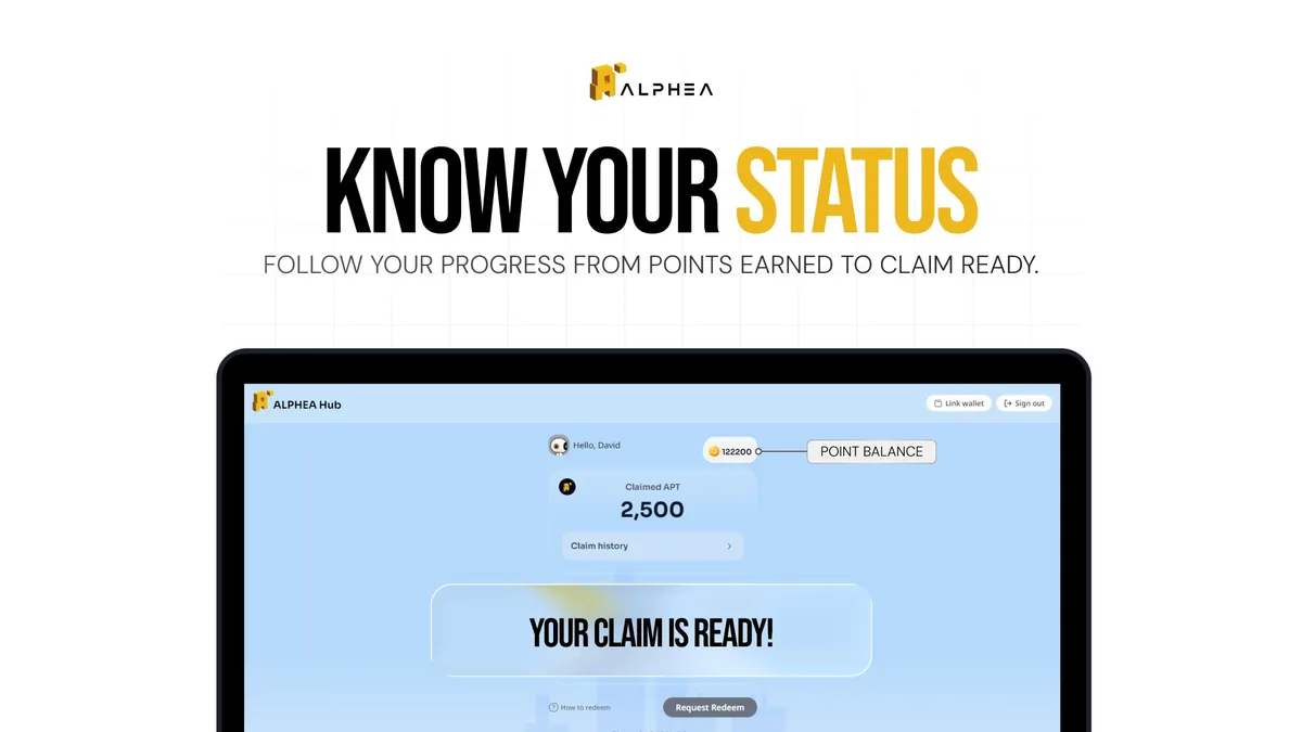 ALPHEA graphic of the Hub screen showing a point balance, claimed APT and a Request Redeem button