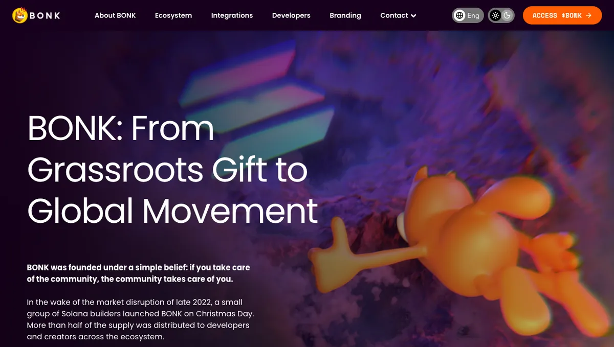 BONK About page headed BONK: From Grassroots Gift to Global Movement, saying a small group of Solana builders launched BONK on Christmas Day, with the orange BONK dog mascot