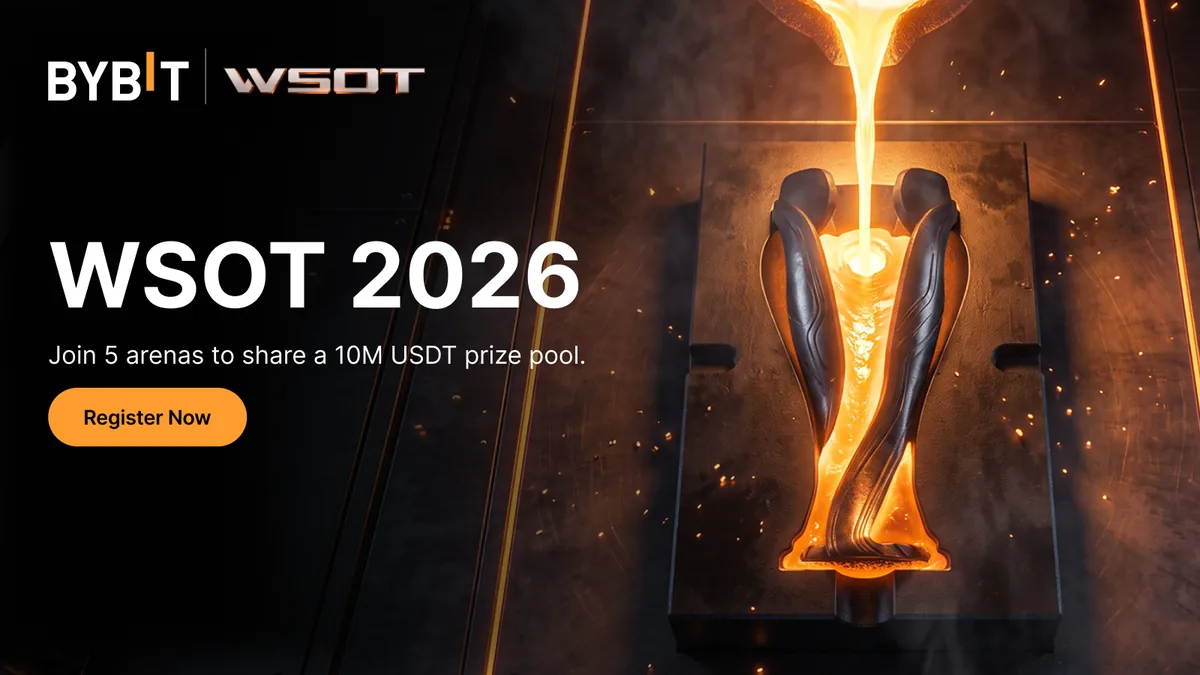 Bybit WSOT 2026 banner with molten metal poured into a trophy mould and the line join 5 arenas to share a 10M USDT prize pool
