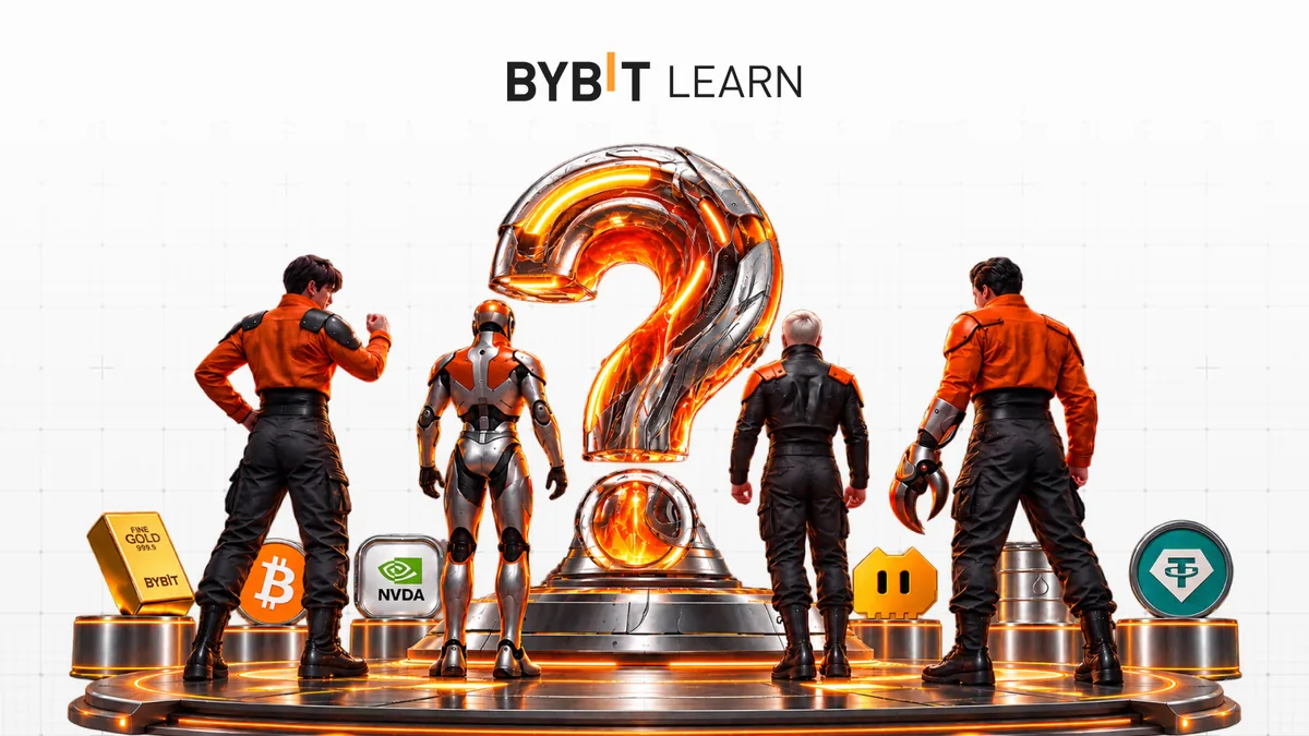 Bybit Learn artwork with traders and an AI figure facing a large question mark, surrounded by gold, Bitcoin, Nvidia and USDT symbols