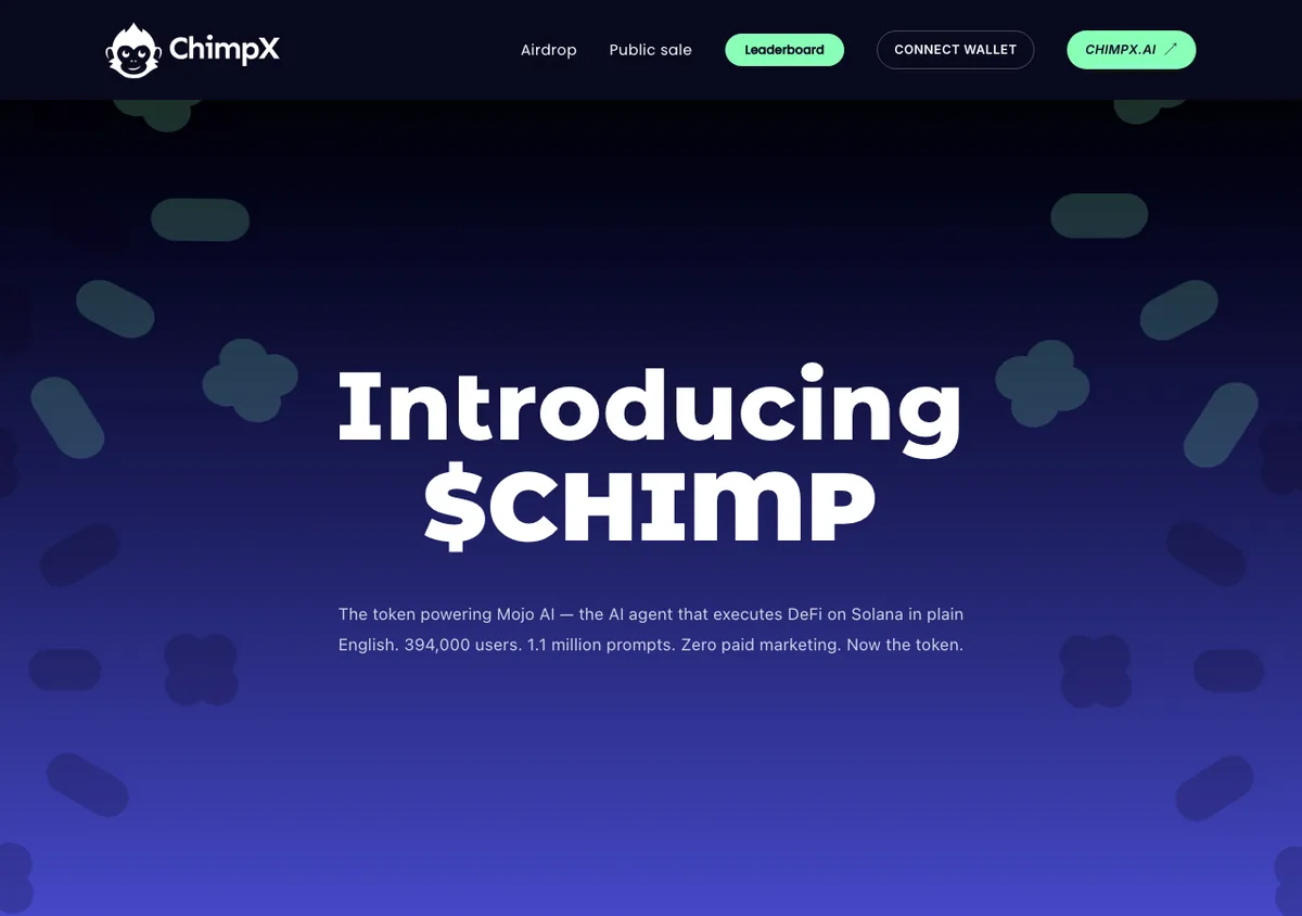 ChimpX token page reading Introducing $CHIMP, the token powering Mojo AI, with Airdrop, Public sale and Leaderboard links