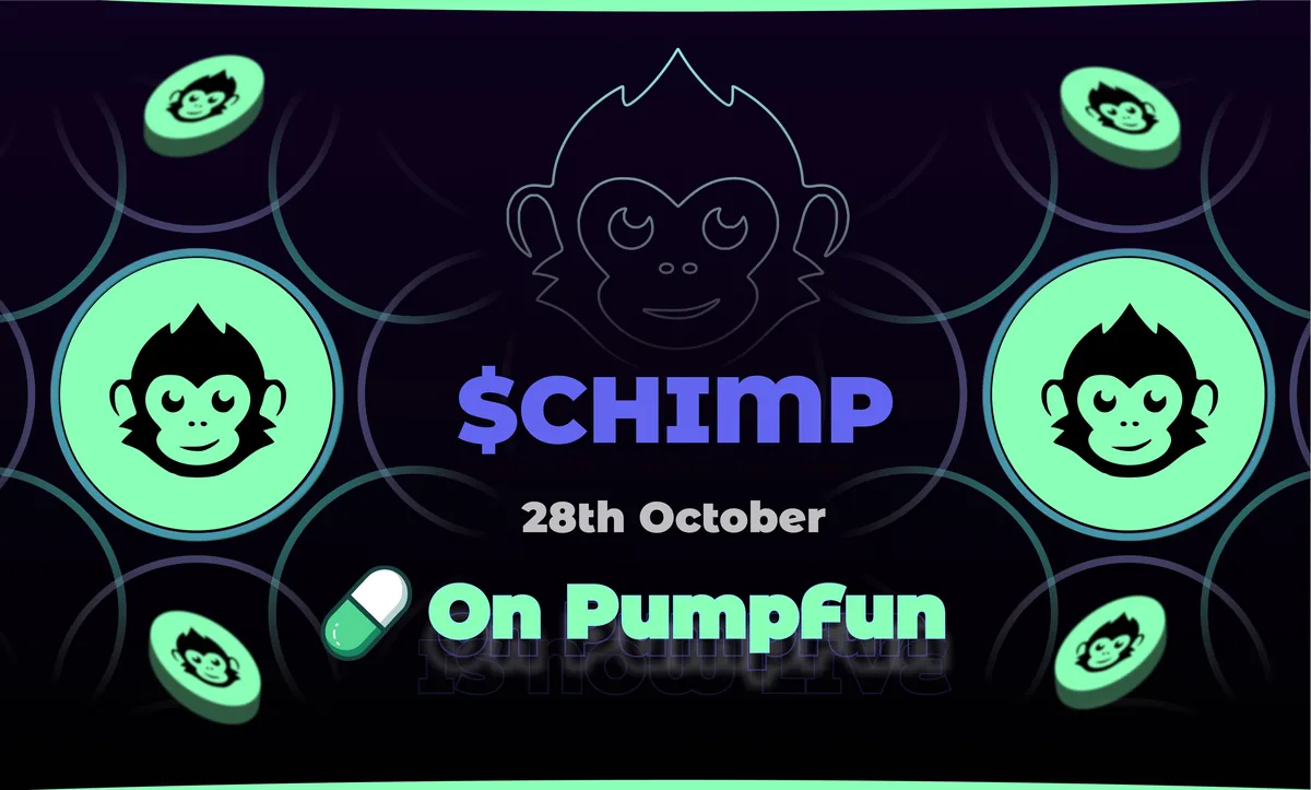 ChimpX banner announcing the $CHIMP token launch on Pump.fun on 28 October