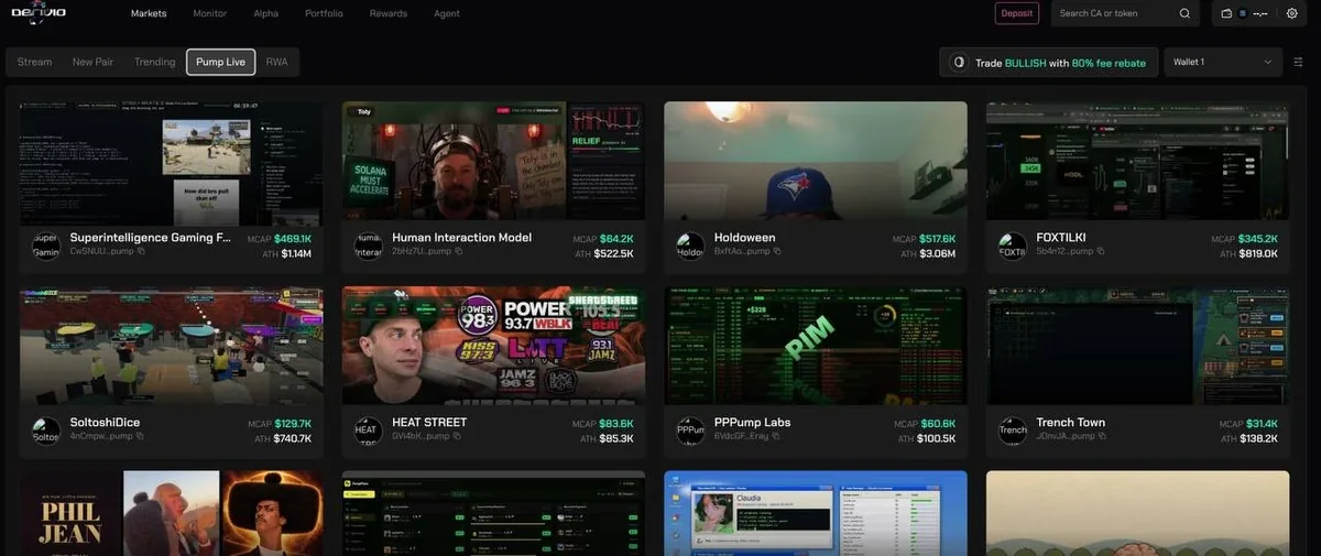Derivio trading terminal showing Pump.fun livestream coins with market caps, a Rewards tab in the top menu and a fee rebate banner