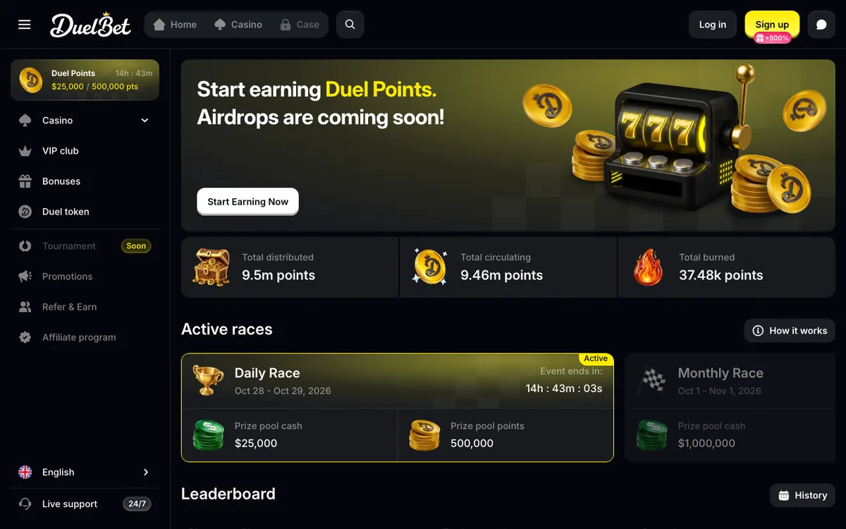DuelBet Duel Points page with Airdrops are coming soon, points totals and the daily race with a 25,000 dollar and 500,000 point prize pool