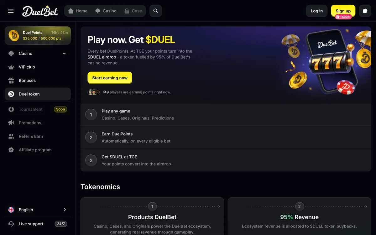 DuelBet Duel token page saying Play now, Get $DUEL, with three steps from playing any game to getting $DUEL at TGE