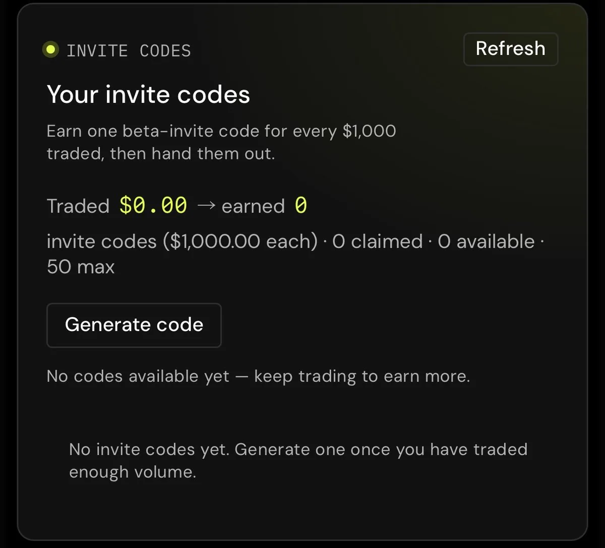 Ekiden invite codes card saying traders earn one invite code for every 1,000 dollars traded, up to 50