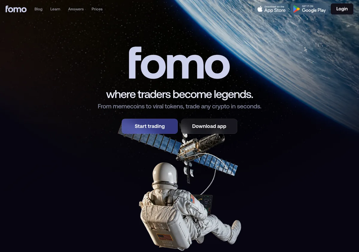 fomo home page with the headline where traders become legends and buttons to start trading or download the app