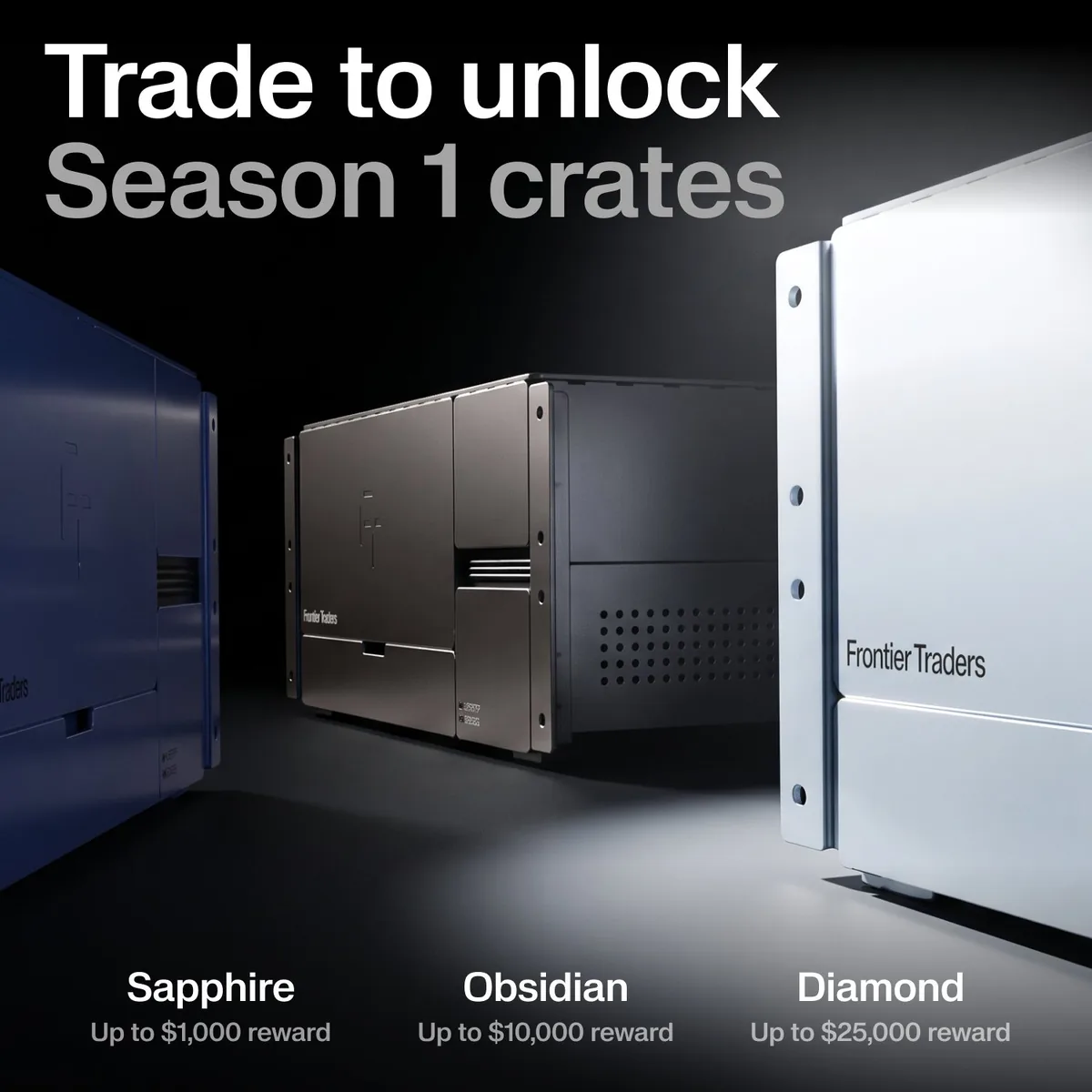 Frontier Traders graphic announcing three new Season 1 crates: Sapphire up to 1,000 dollars, Obsidian up to 10,000 dollars and Diamond up to 25,000 dollars