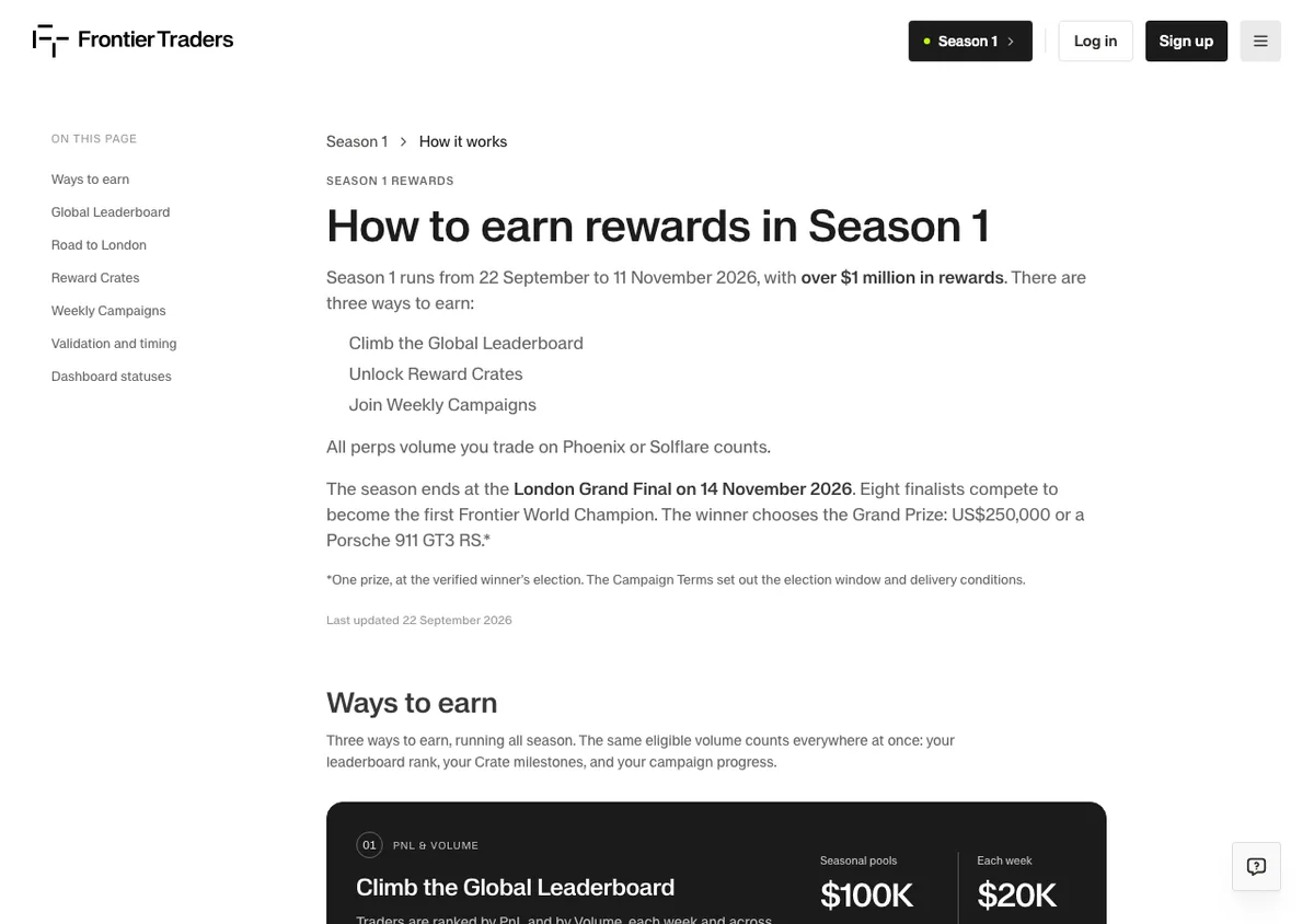 Frontier Traders page explaining how to earn rewards in Season 1: climb the leaderboard, unlock crates and join weekly campaigns