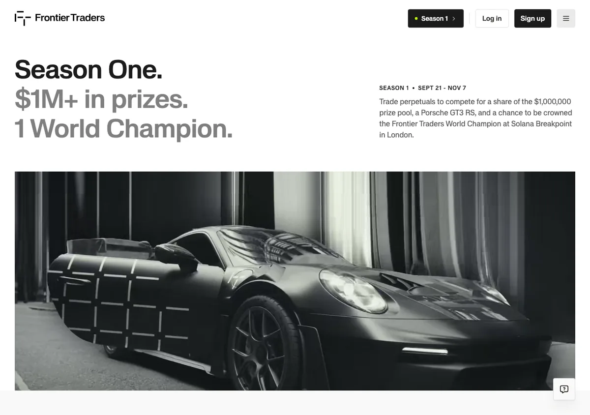 Frontier Traders Season One page advertising over one million dollars in prizes and one world champion, with a Porsche photo