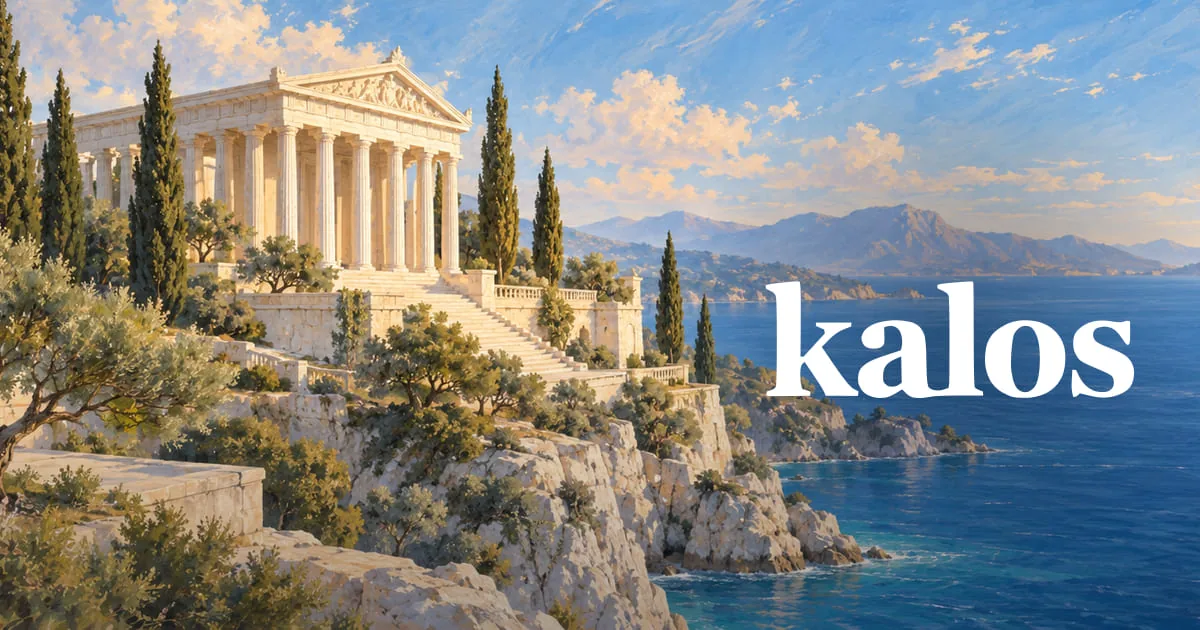 Kalos brand card with a Greek temple above the sea and the kalos wordmark