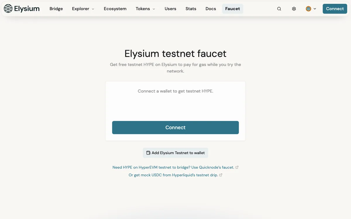Elysium testnet faucet page with a Connect button and an Add Elysium Testnet to wallet button