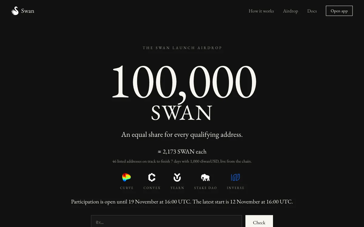 swanUSD airdrop page showing a 100,000 SWAN pool, partner logos and an address checker