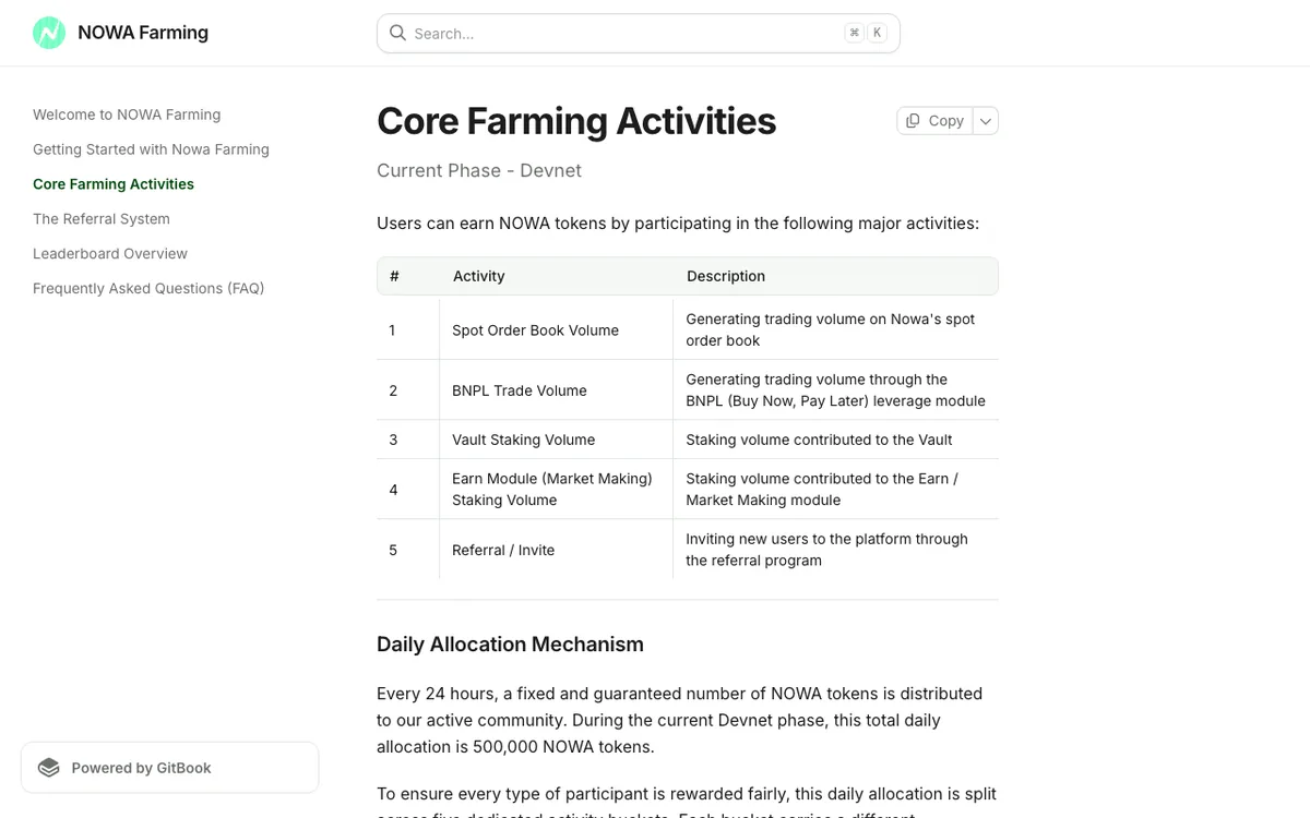 NOWA farming docs listing the five activities that earn NOWA and the 500,000 NOWA daily allocation