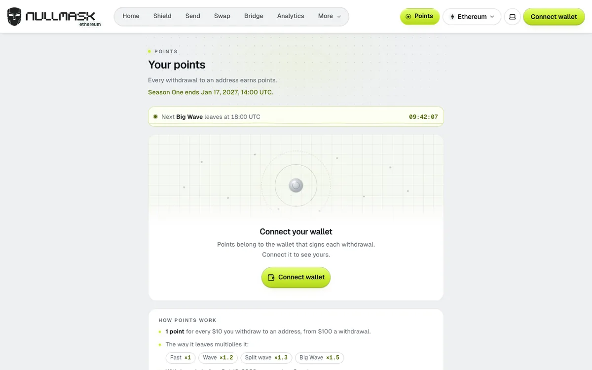 Nullmask Points page with the Season One end date, the next Big Wave timer and the How points work list