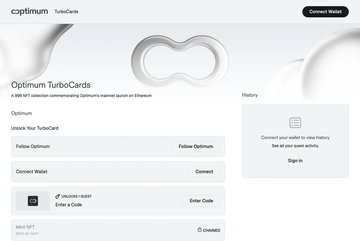 Optimum TurboCards mint page with four steps: follow Optimum, connect wallet, enter a code and mint the NFT