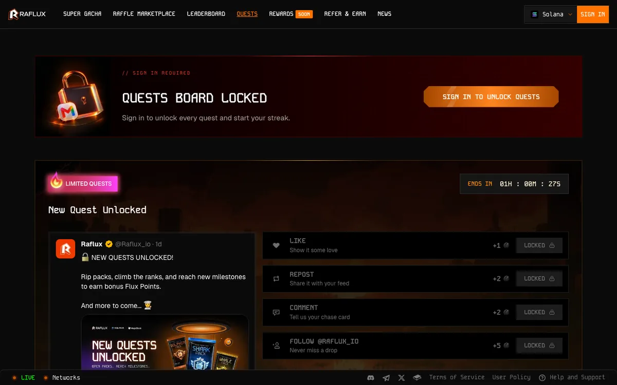 Raflux quest board, locked until sign-in, with limited X quests: like +1, repost +2, comment +2 and follow @Raflux_io +5 Flux Points