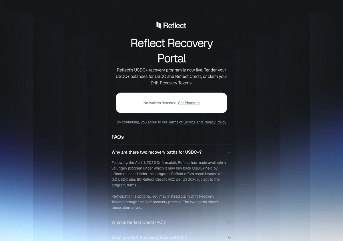 Reflect Recovery Portal page saying the USDC+ recovery program is live, with an FAQ explaining the buyback of 0.2 USDC plus 80 Reflect Credits per USDC+