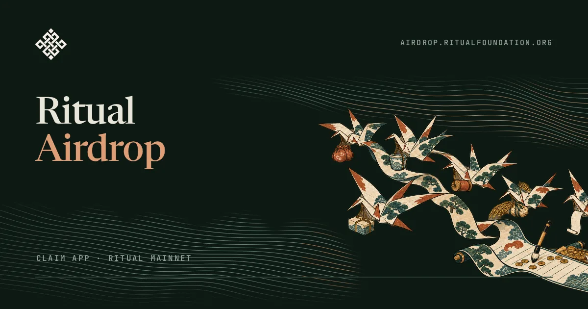 Ritual Airdrop card for the claim app on Ritual Mainnet at airdrop.ritualfoundation.org, with origami cranes artwork