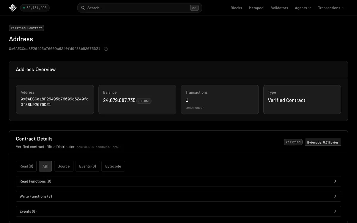 Ritual explorer page for the verified RitualDistributor contract with a balance of about 24.68 million RITUAL