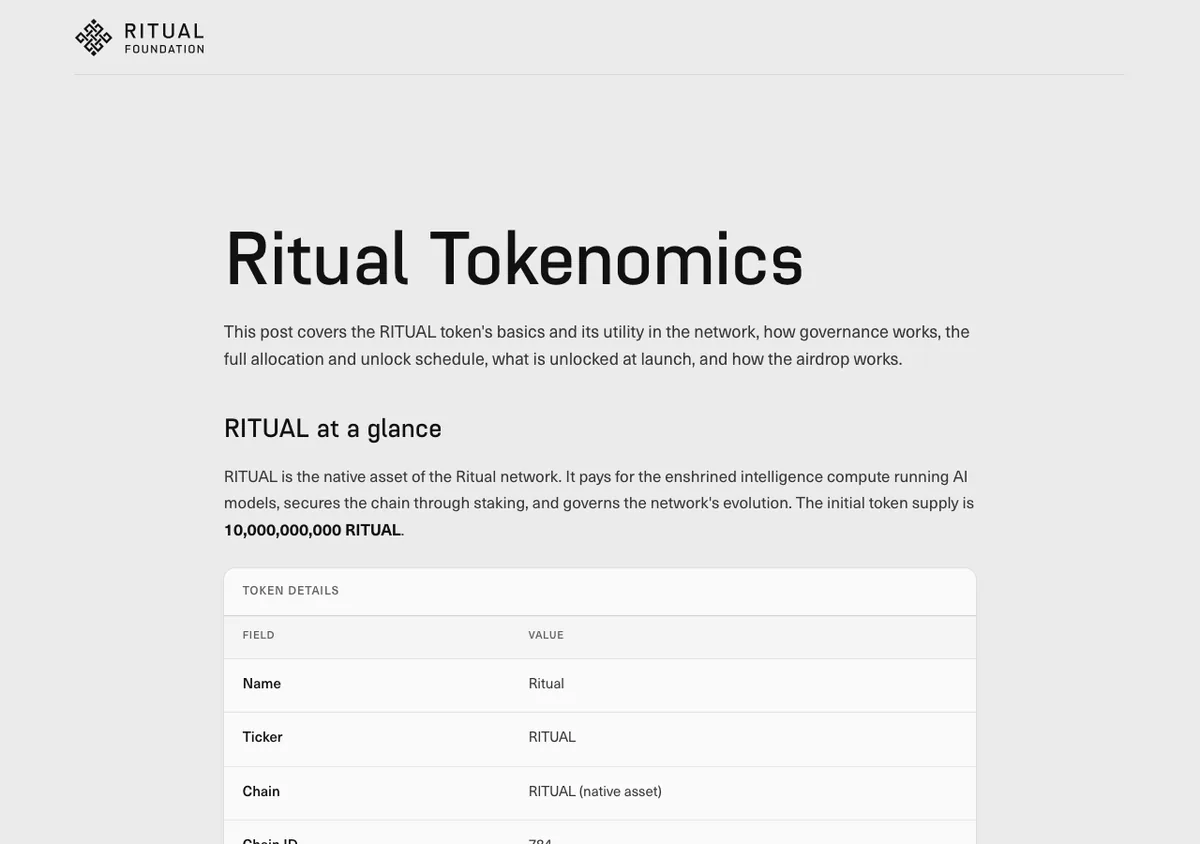 Ritual Tokenomics page with the RITUAL at a glance section, a 10 billion initial supply and a token details table