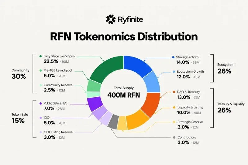 RFN tokenomics chart showing 400 million total supply with 30 percent community, 15 percent token sale, 26 percent ecosystem, 26 percent treasury and liquidity and 3 percent contributors