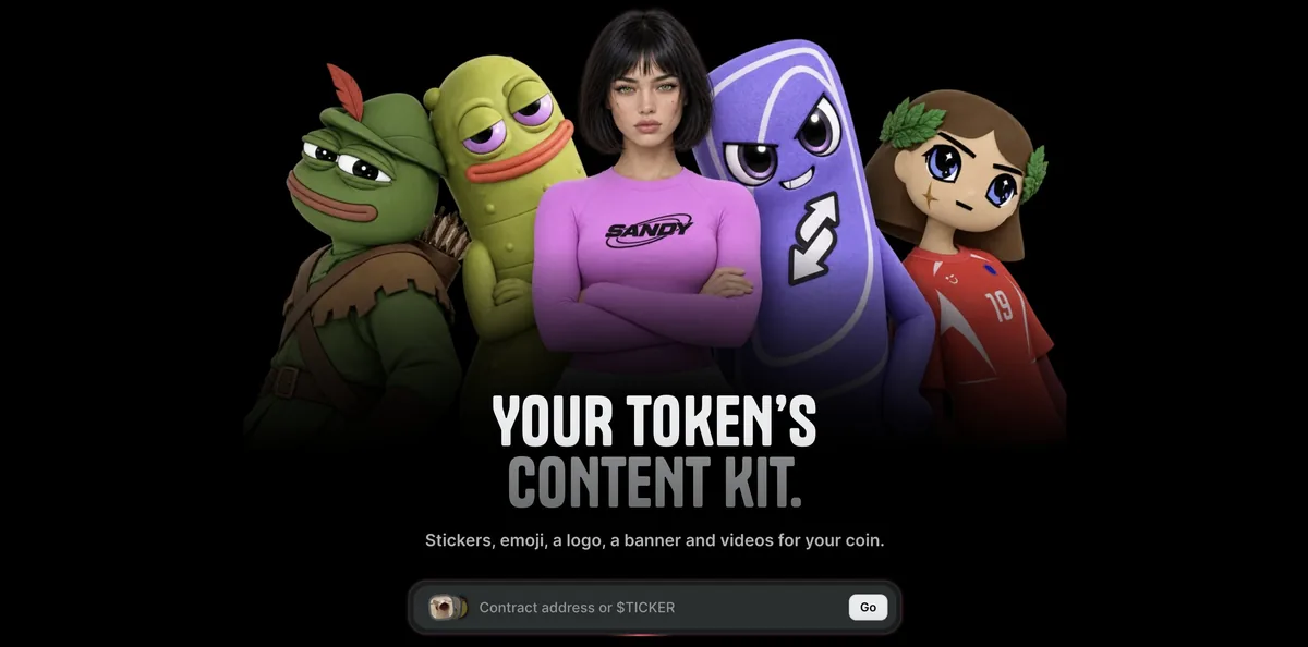 Sandwatch launch image reading Your token's content kit, with AI characters and a box to enter a contract address or ticker