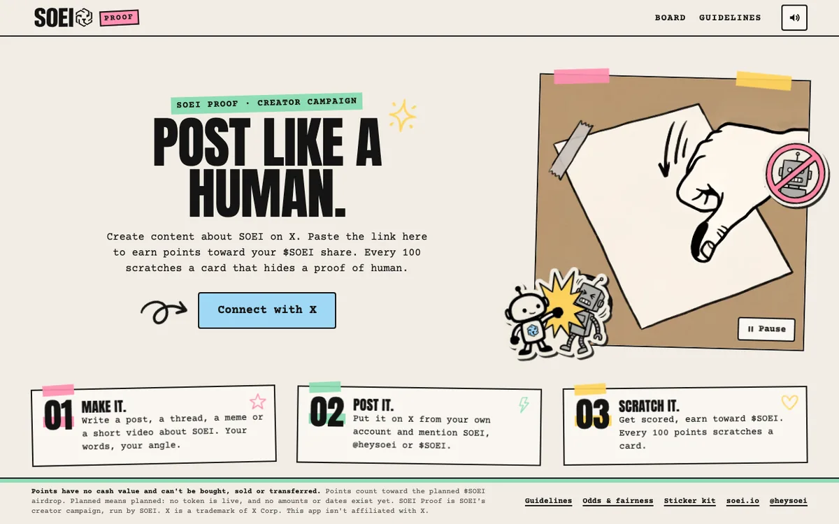 SOEI Proof landing page with Post like a human, a Connect with X button and three steps: make it, post it, scratch it