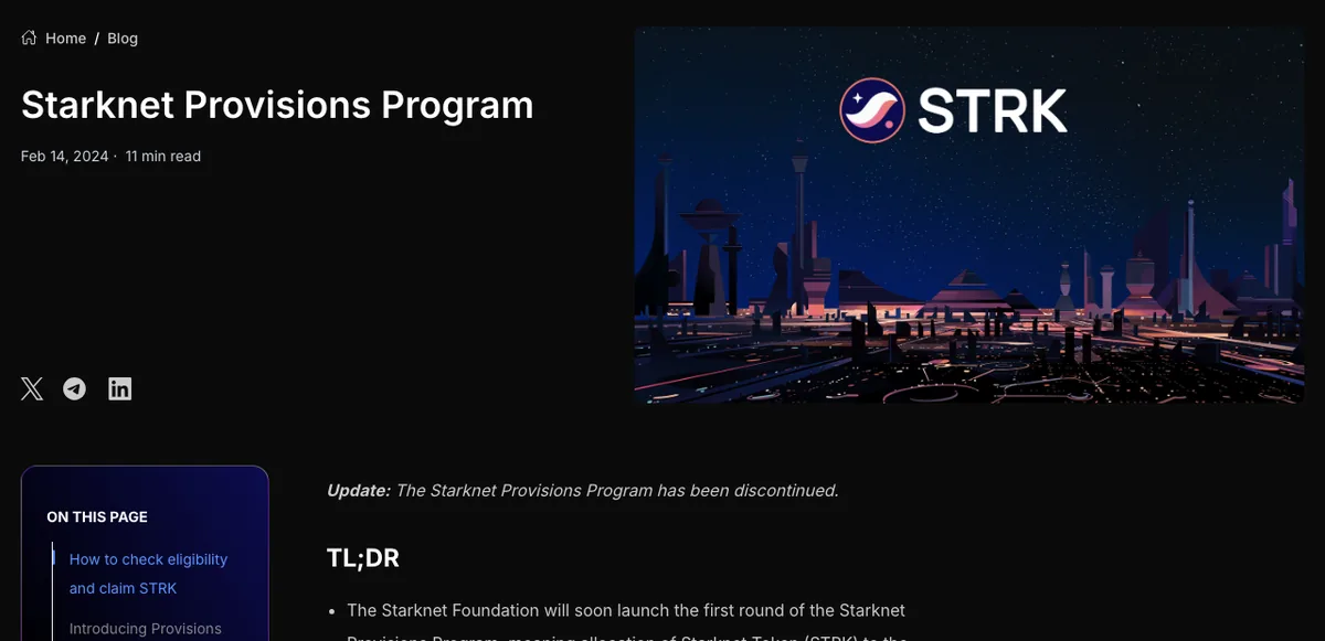 Starknet Foundation blog post Starknet Provisions Program dated Feb 14, 2024, with a STRK header image and the line Update: The Starknet Provisions Program has been discontinued