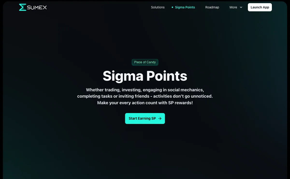 Sumex Sigma Points page saying activities do not go unnoticed and to make every action count with SP rewards, with a Start Earning SP button