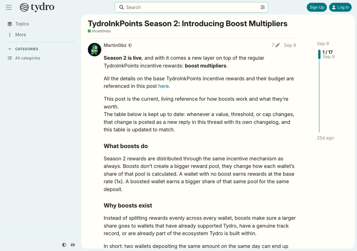 Tydro forum post explaining that Season 2 boosts change each wallet's share of the same reward pool