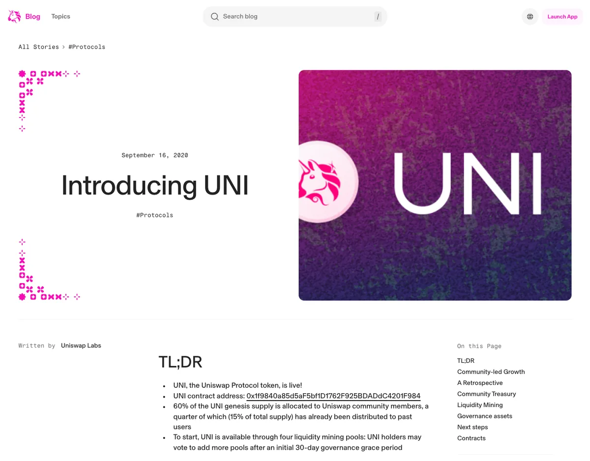Uniswap Labs blog post Introducing UNI dated September 16, 2020, with a UNI banner and a summary saying 15% of the total supply has already been distributed to past users