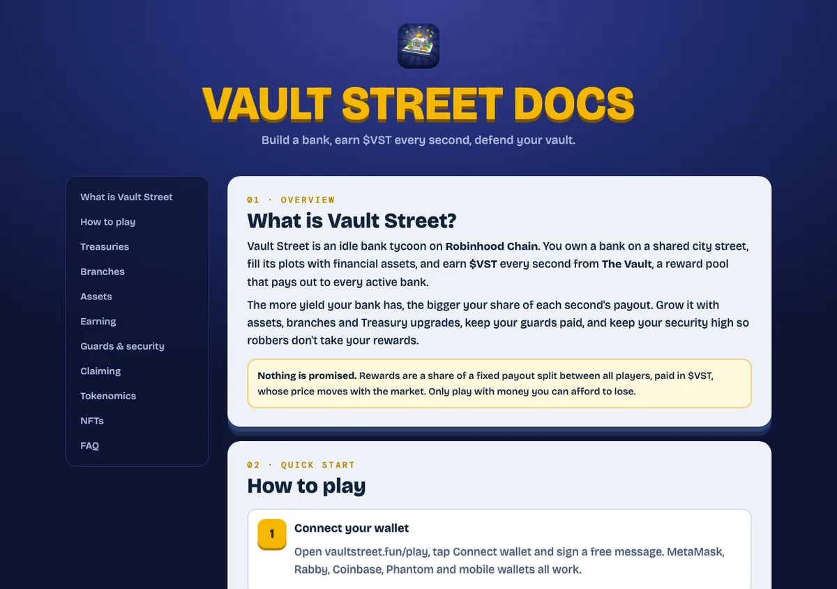 Vault Street docs page explaining the idle bank tycoon on Robinhood Chain, with a box that says nothing is promised