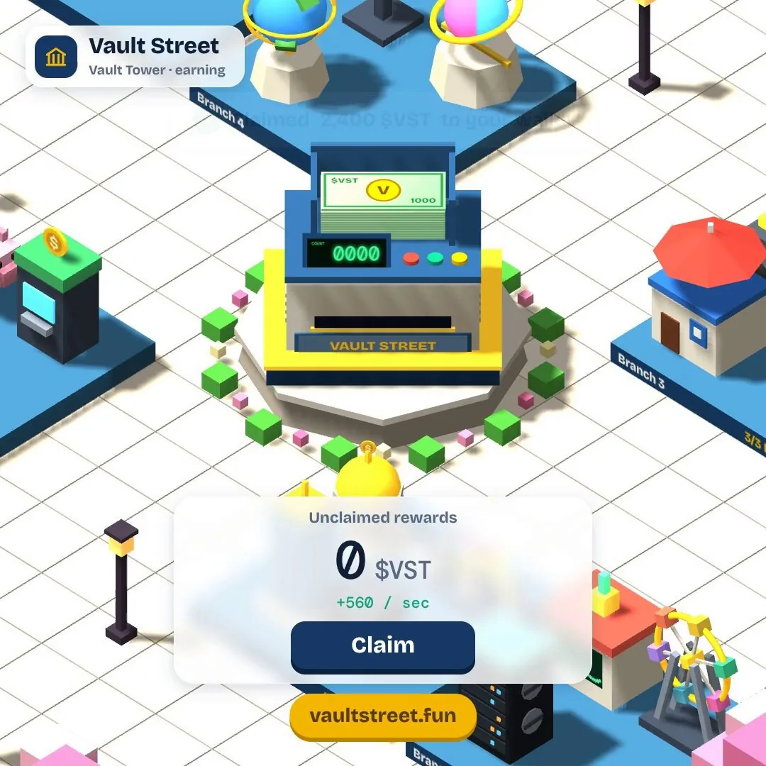Vault Street game preview showing a bank on a city street with an unclaimed rewards counter in VST and a Claim button