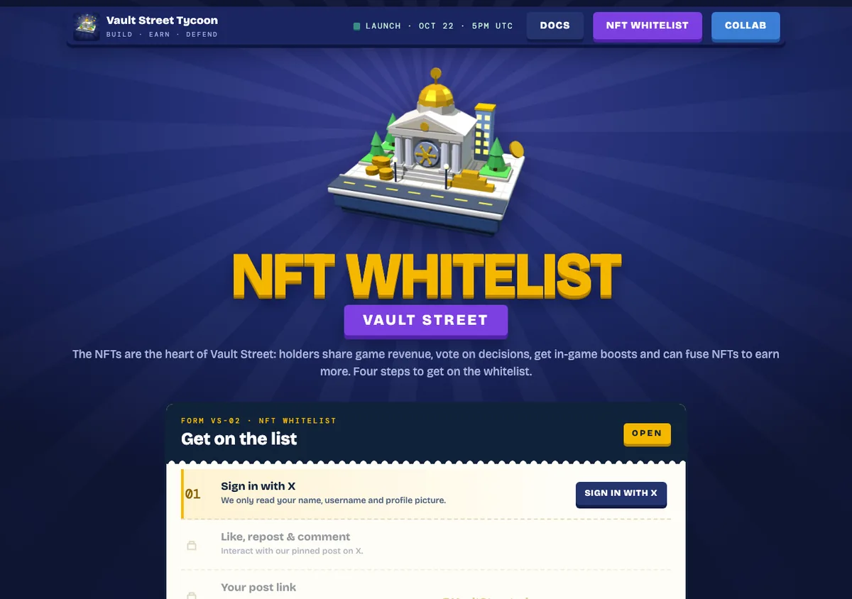 Vault Street NFT whitelist page with an open application form whose first step is signing in with X