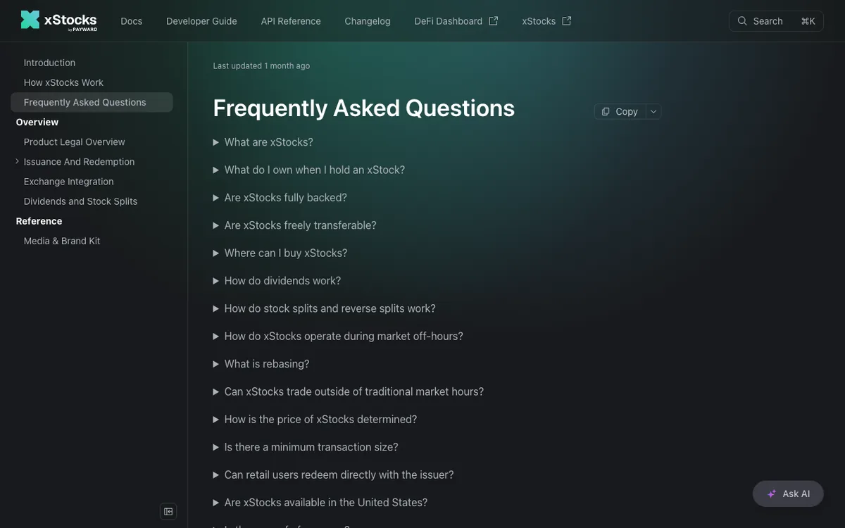 xStocks documentation page listing frequently asked questions about backing, dividends and minimums