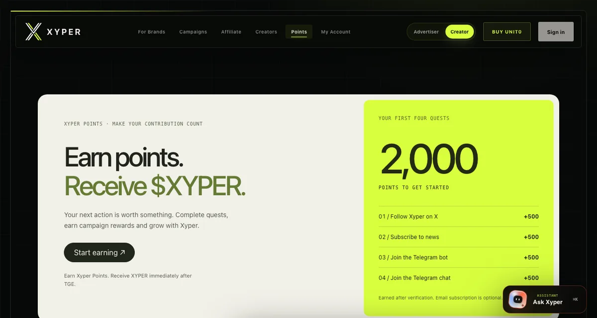 Xyper Points page showing Earn points, Receive XYPER, and four starter quests worth 500 points each, 2,000 in total