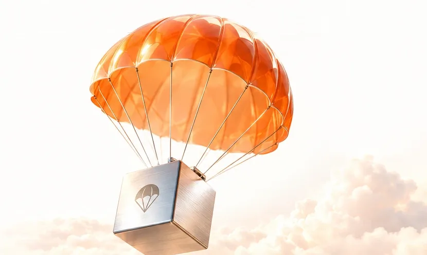 An orange parachute lowering a brushed-metal crate through sunlit clouds